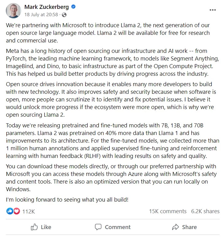 Mark Zuckerberg Llama Post